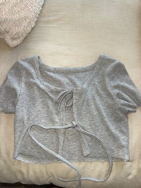 Women’s Gray Ribbed Tie-Front Crop Top